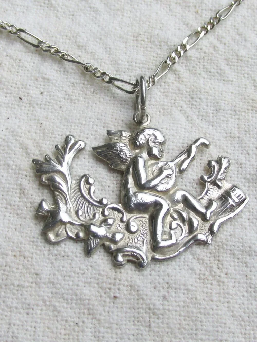 Vintage Sterling Silver ANGEL Playing Lute on Cloud Pendant 20
